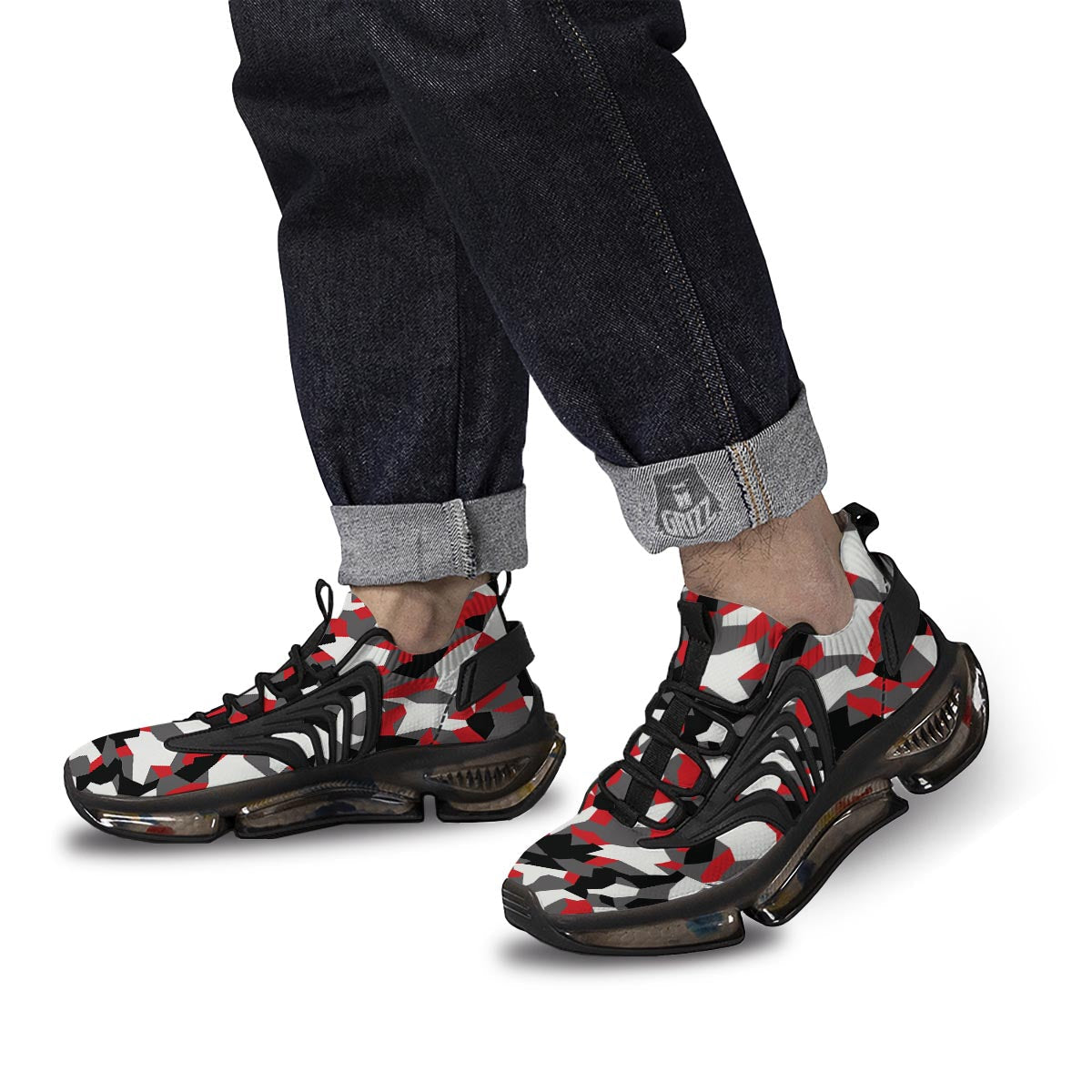 Digital Camo Grey And Red Print Pattern Black Gym Shoes-grizzshop