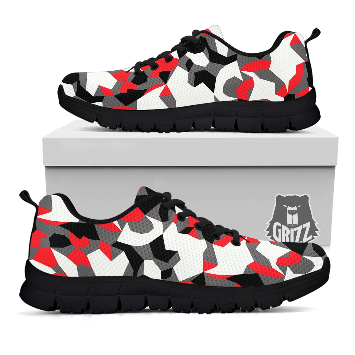 Digital Camo Grey And Red Print Pattern Black Sneaker-grizzshop