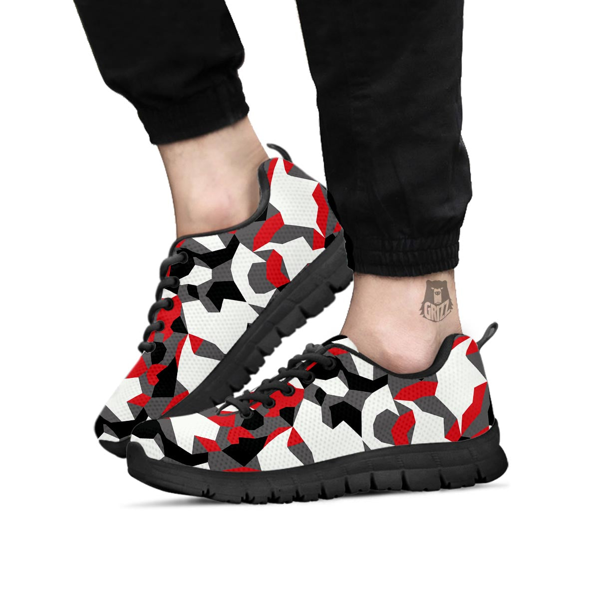 Digital Camo Grey And Red Print Pattern Black Sneaker-grizzshop