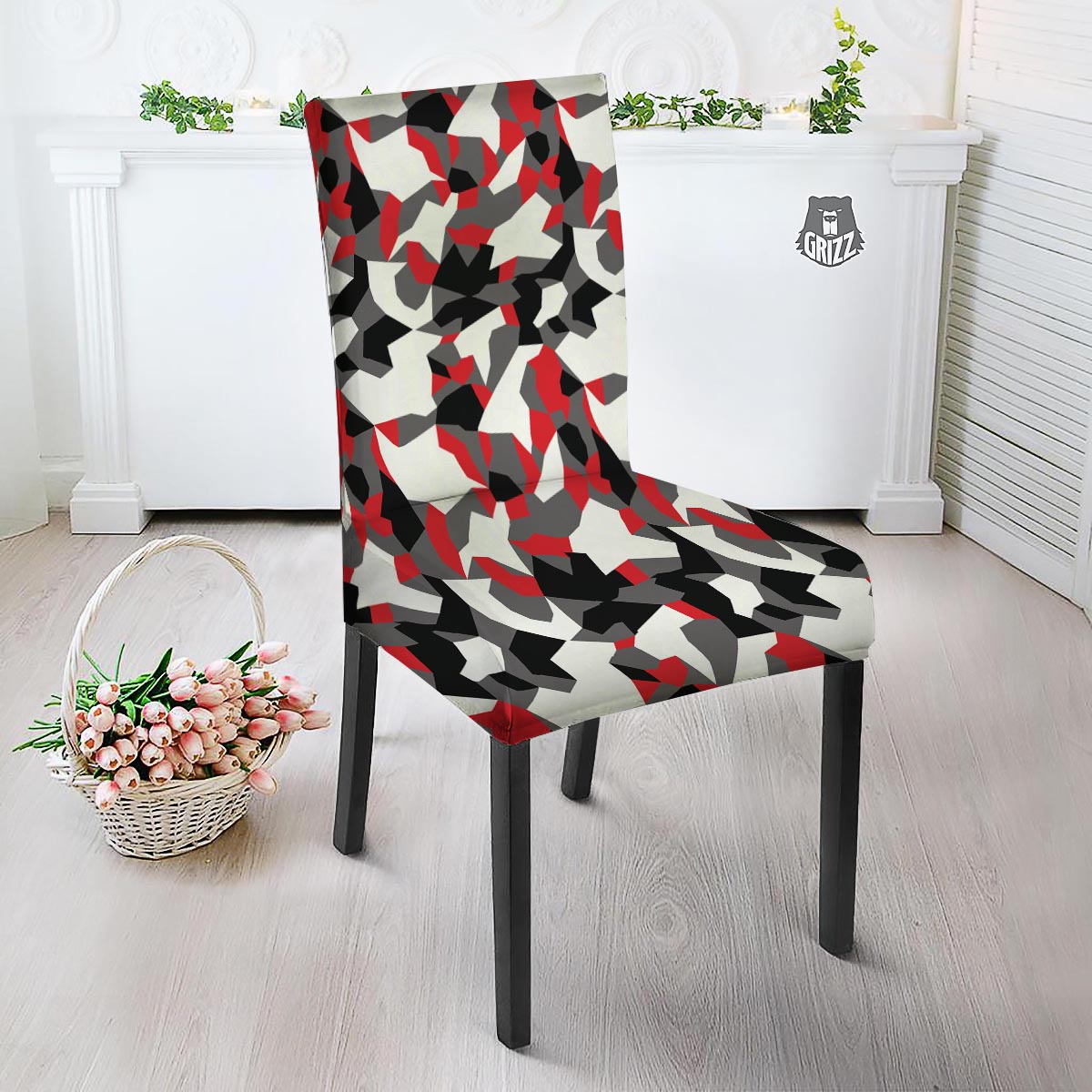 Digital Camo Grey And Red Print Pattern Dining Chair Slipcover-grizzshop