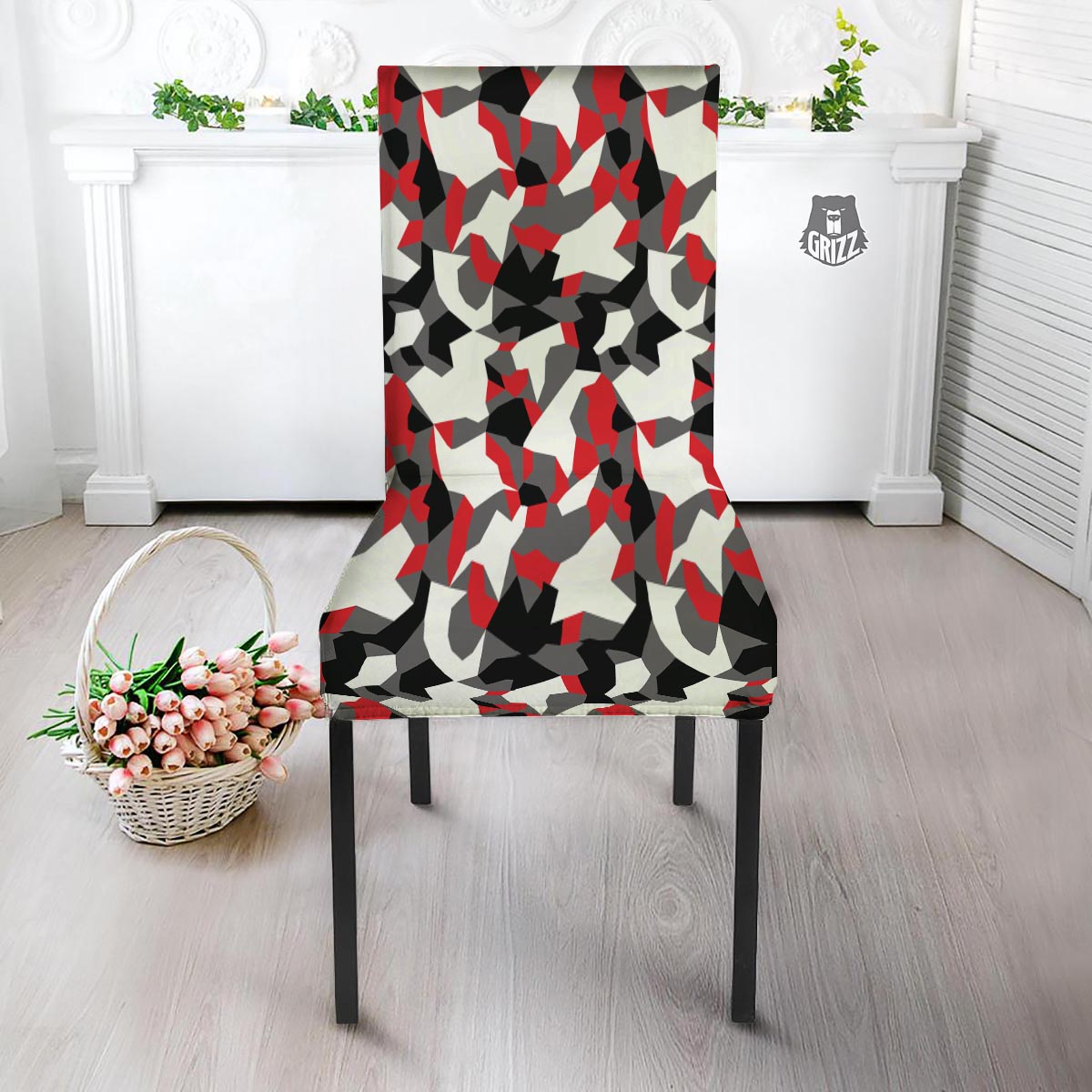 Digital Camo Grey And Red Print Pattern Dining Chair Slipcover-grizzshop
