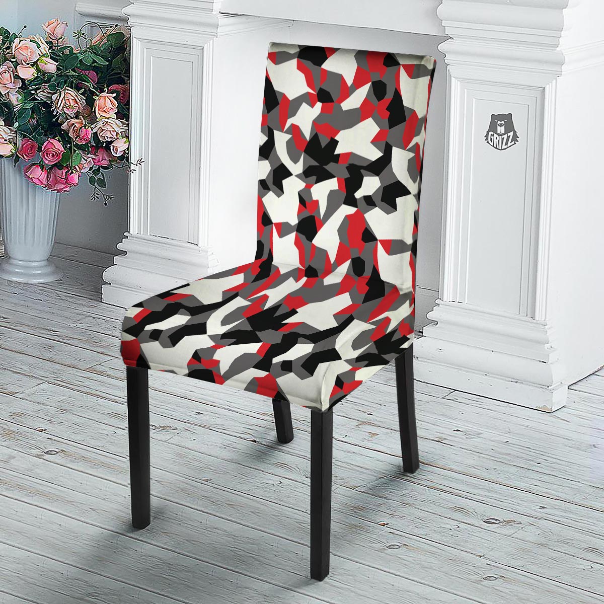 Digital Camo Grey And Red Print Pattern Dining Chair Slipcover-grizzshop