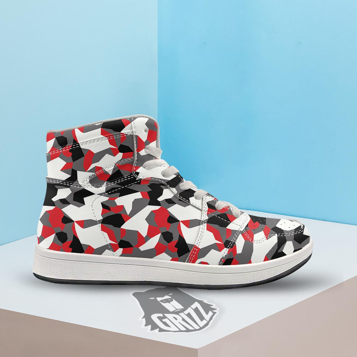 Digital Camo Grey And Red Print Pattern High Top Sneakers-grizzshop