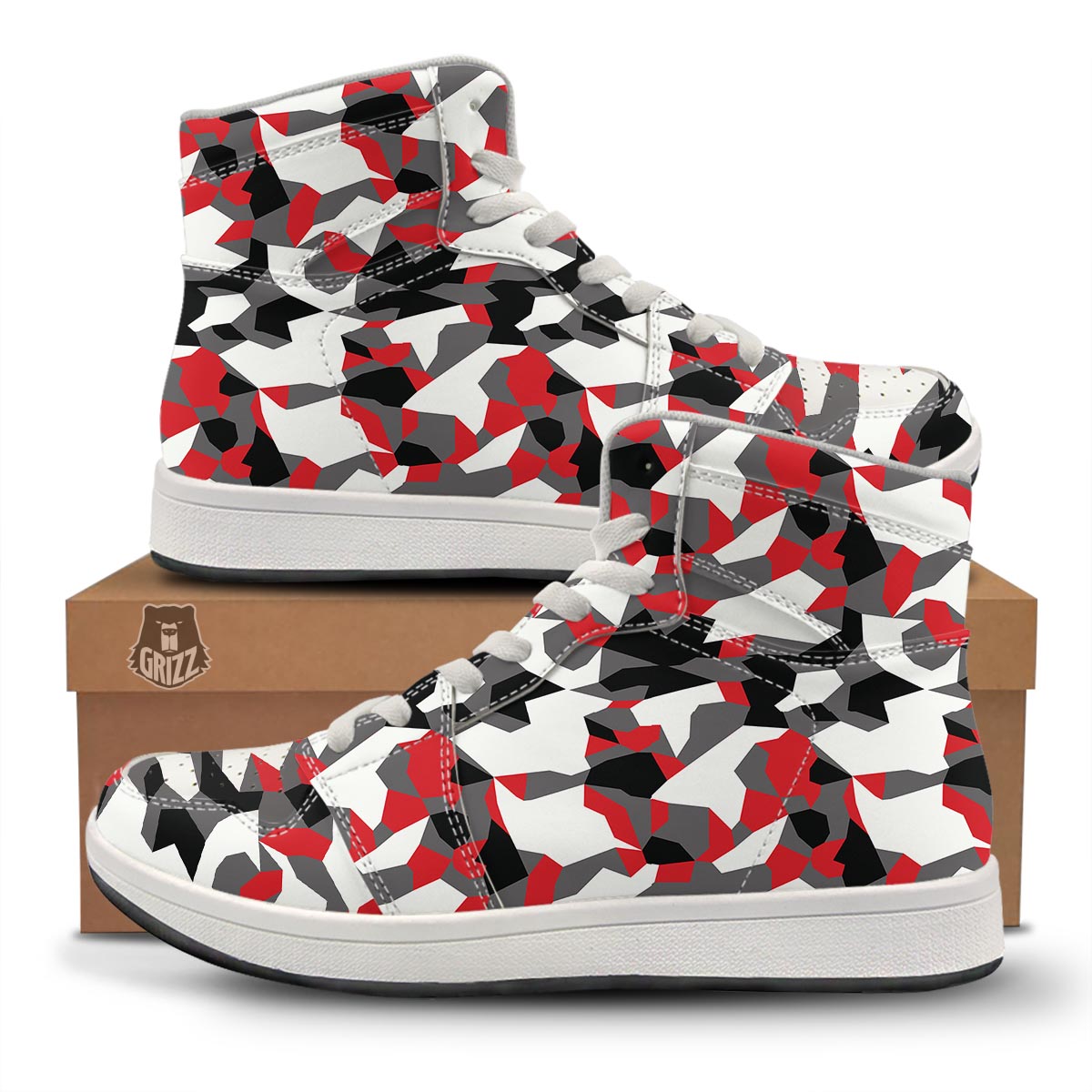 Digital Camo Grey And Red Print Pattern High Top Sneakers-grizzshop