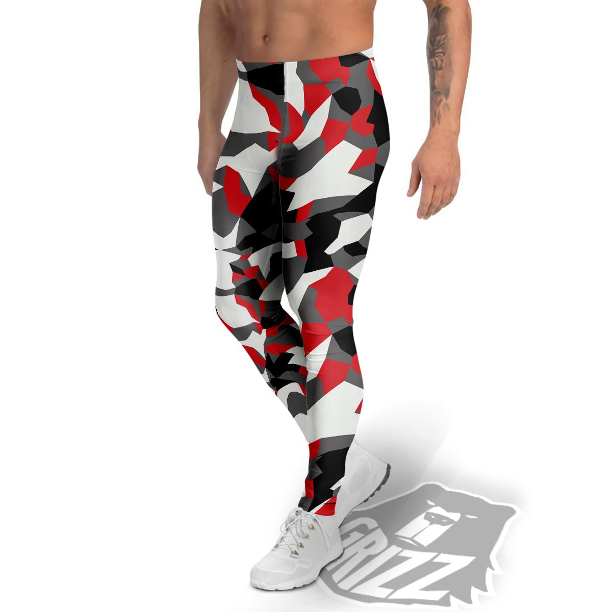 Digital Camo Grey And Red Print Pattern Men's Leggings-grizzshop