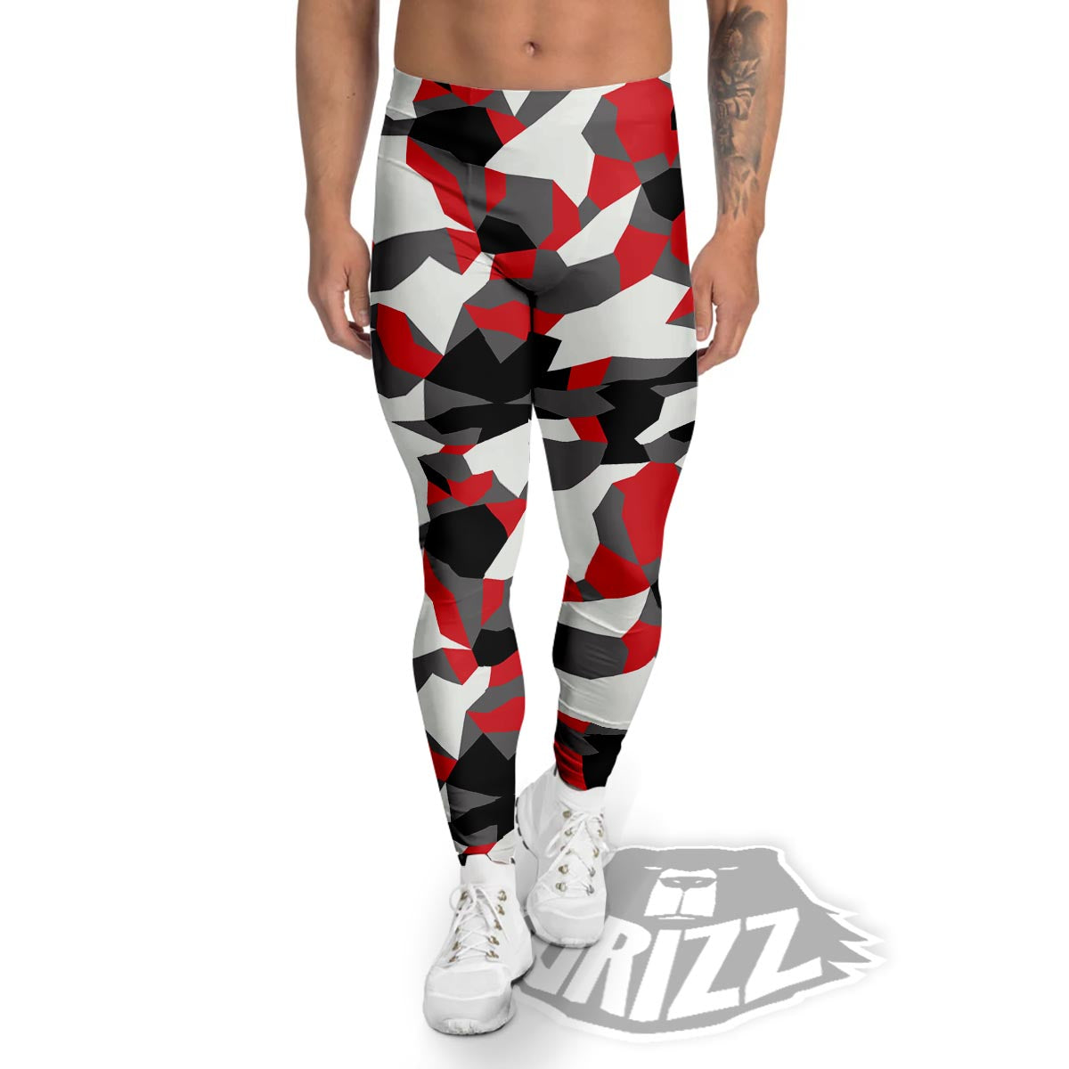 Digital Camo Grey And Red Print Pattern Men's Leggings-grizzshop