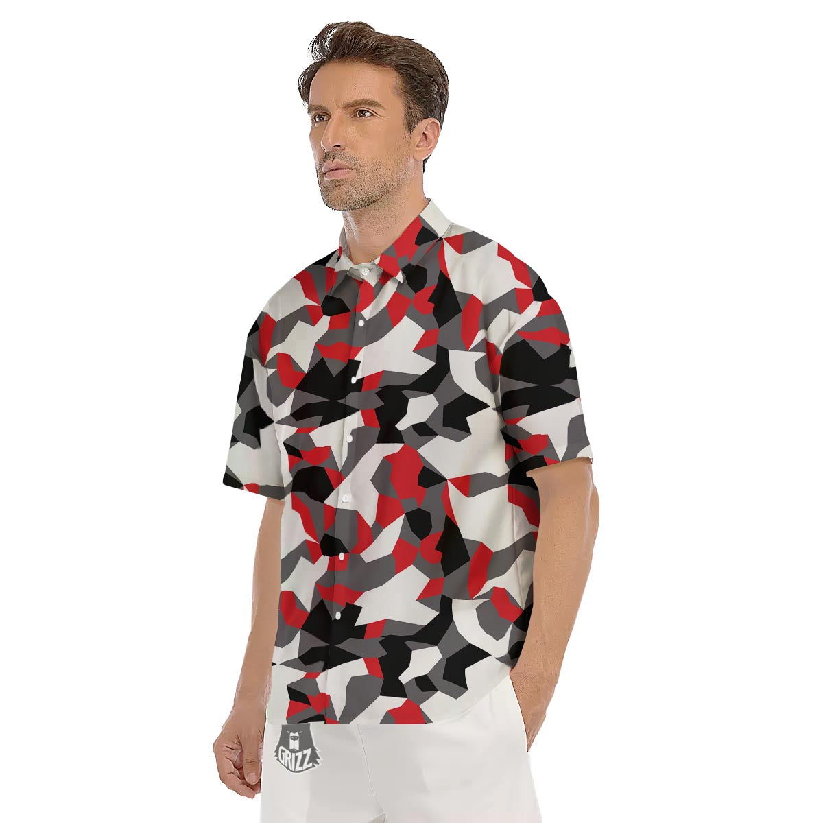 Digital Camo Grey And Red Print Pattern Men's Short Sleeve Shirts-grizzshop