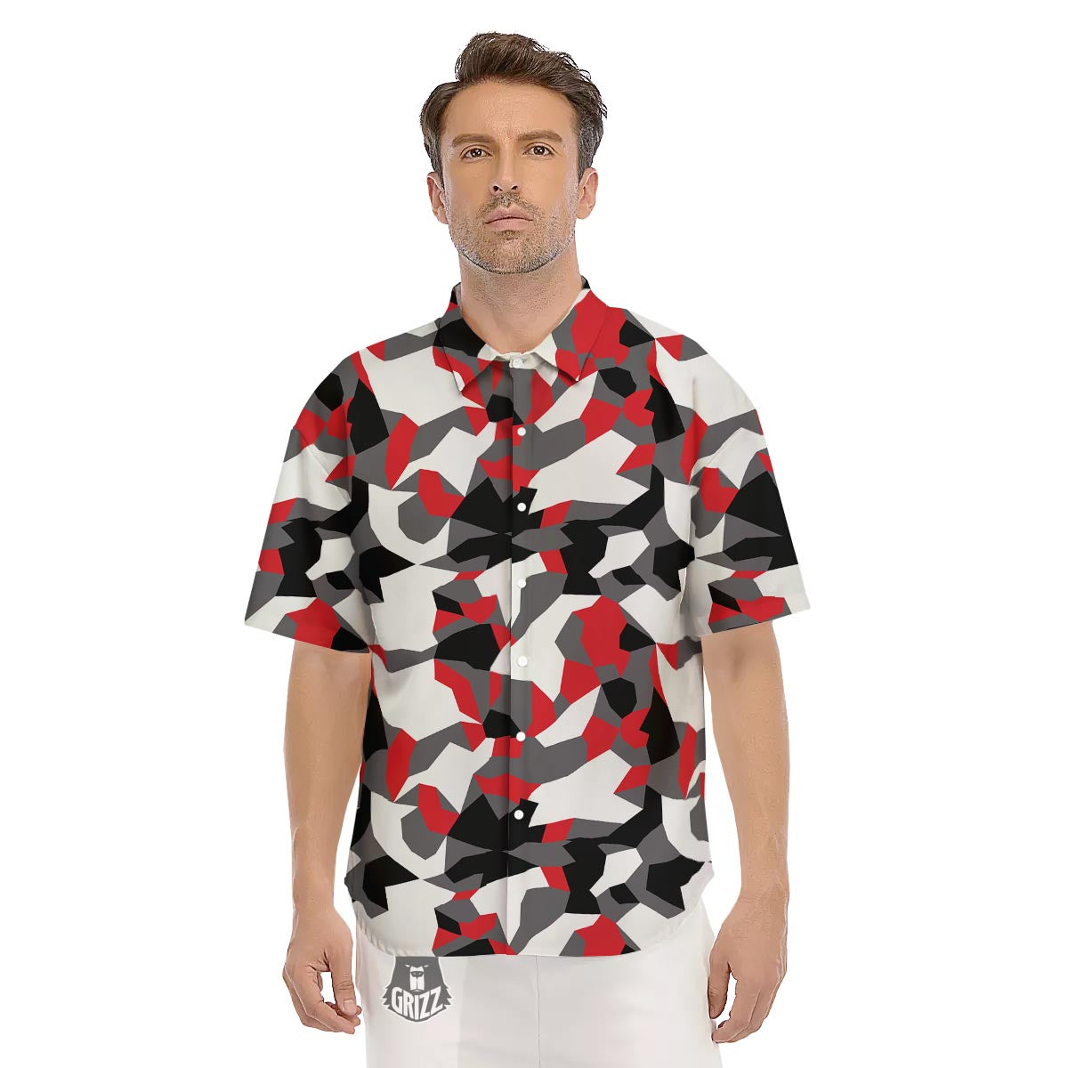 Digital Camo Grey And Red Print Pattern Men's Short Sleeve Shirts-grizzshop