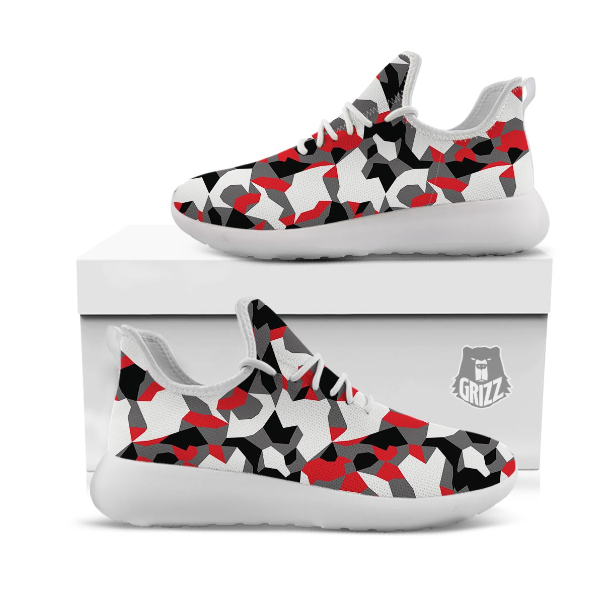 Digital Camo Grey And Red Print Pattern White Athletic Shoes-grizzshop