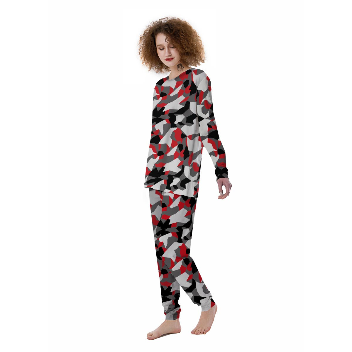 Digital Camo Grey And Red Print Pattern Women's Pajamas-grizzshop