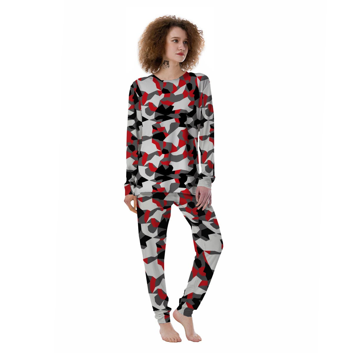 Digital Camo Grey And Red Print Pattern Women's Pajamas-grizzshop