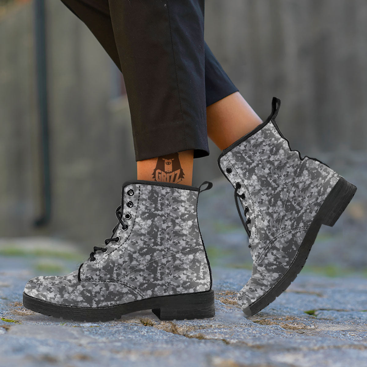 Digital Camo Grey Print Pattern Leather Boots-grizzshop
