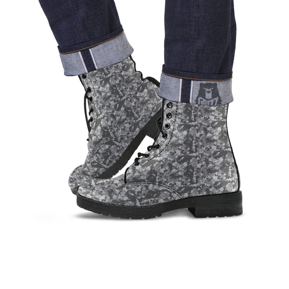 Digital Camo Grey Print Pattern Leather Boots-grizzshop