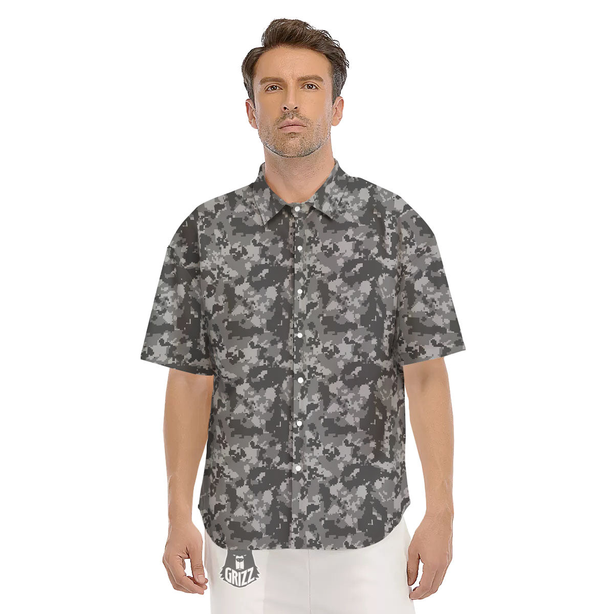 Digital Camo Grey Print Pattern Men's Short Sleeve Shirts-grizzshop