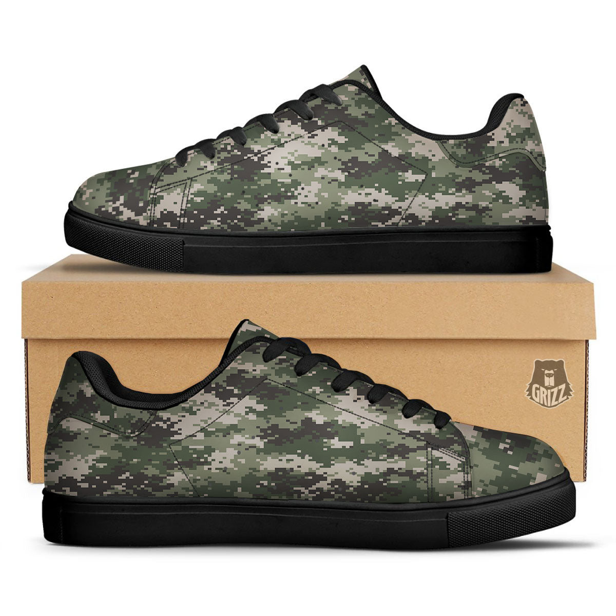 Digital Camo Military Print Pattern Black Low Top Sneakers-grizzshop