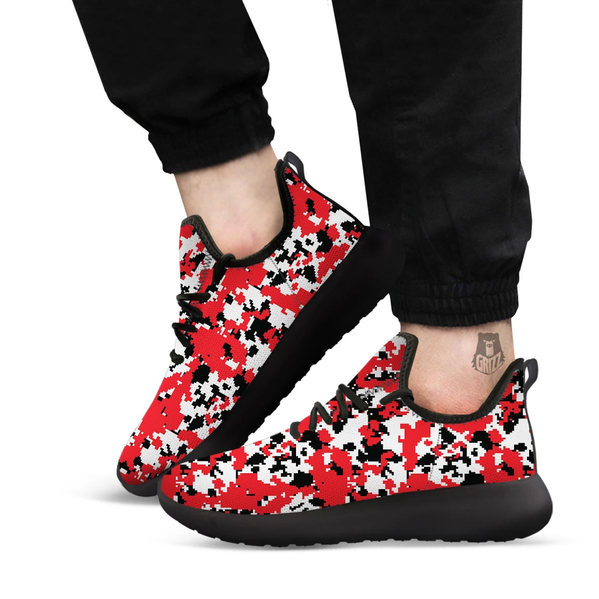 Digital Camo Red White And Black Print Pattern Black Athletic Shoes-grizzshop