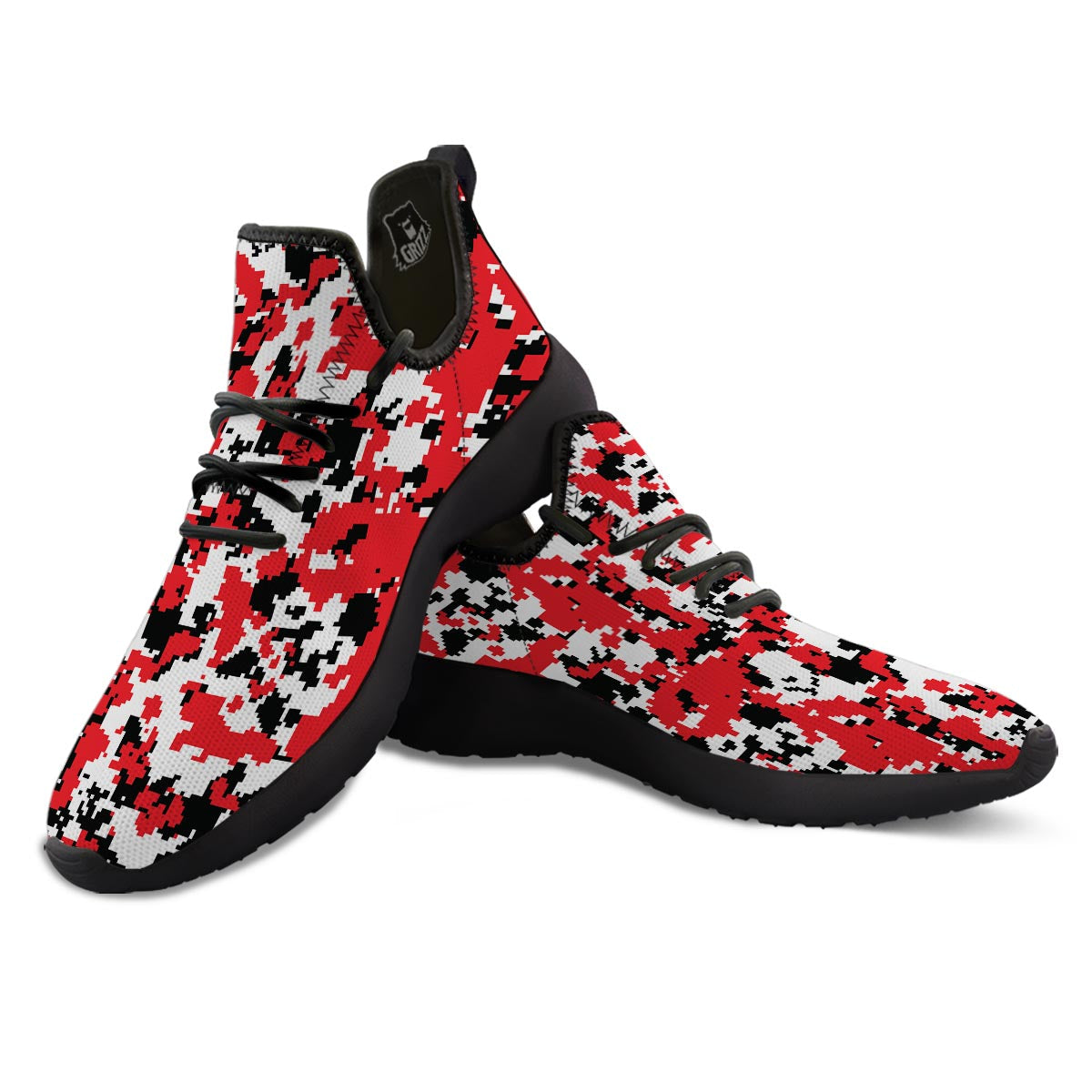 Digital Camo Red White And Black Print Pattern Black Athletic Shoes-grizzshop