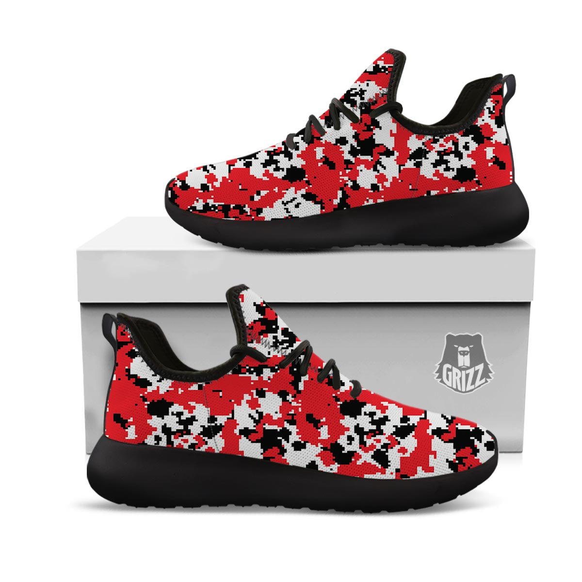 Digital Camo Red White And Black Print Pattern Black Athletic Shoes-grizzshop