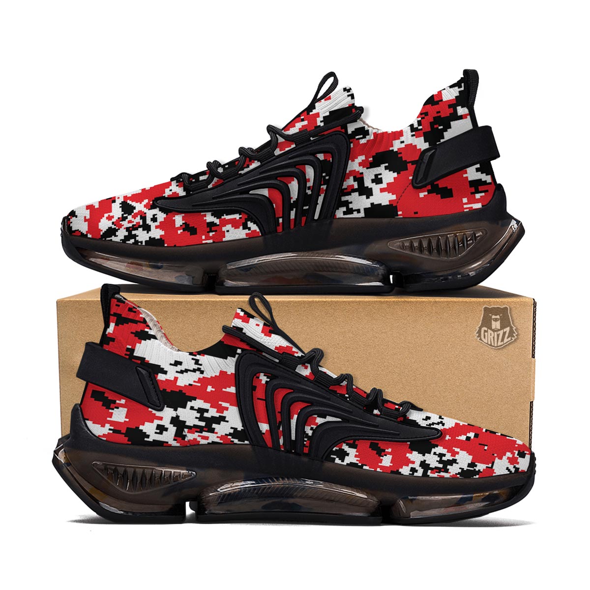 Digital Camo Red White And Black Print Pattern Black Gym Shoes-grizzshop