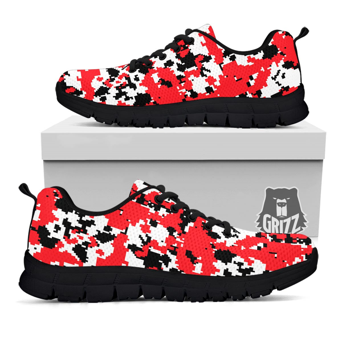 Digital Camo Red White And Black Print Pattern Black Sneaker-grizzshop
