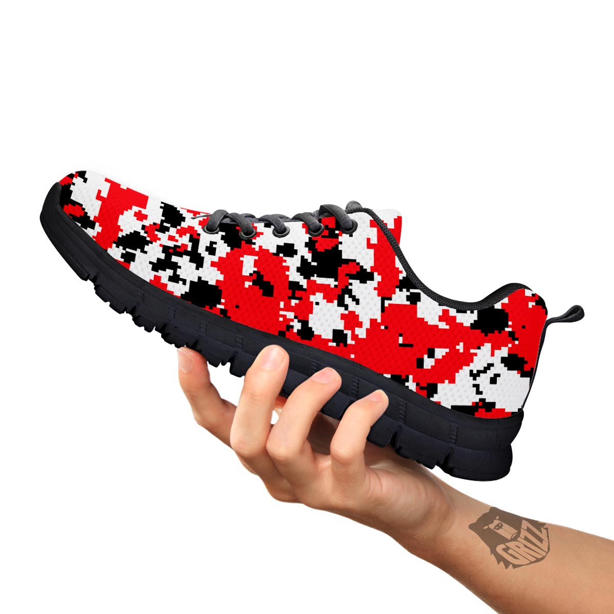 Digital Camo Red White And Black Print Pattern Black Sneaker-grizzshop
