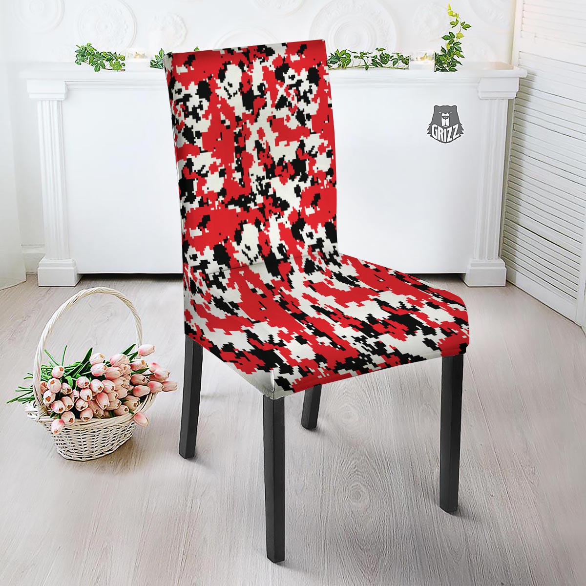 Digital Camo Red White And Black Print Pattern Dining Chair Slipcover-grizzshop