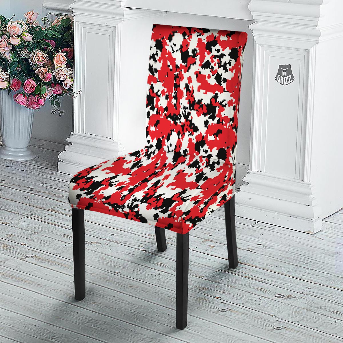 Digital Camo Red White And Black Print Pattern Dining Chair Slipcover-grizzshop