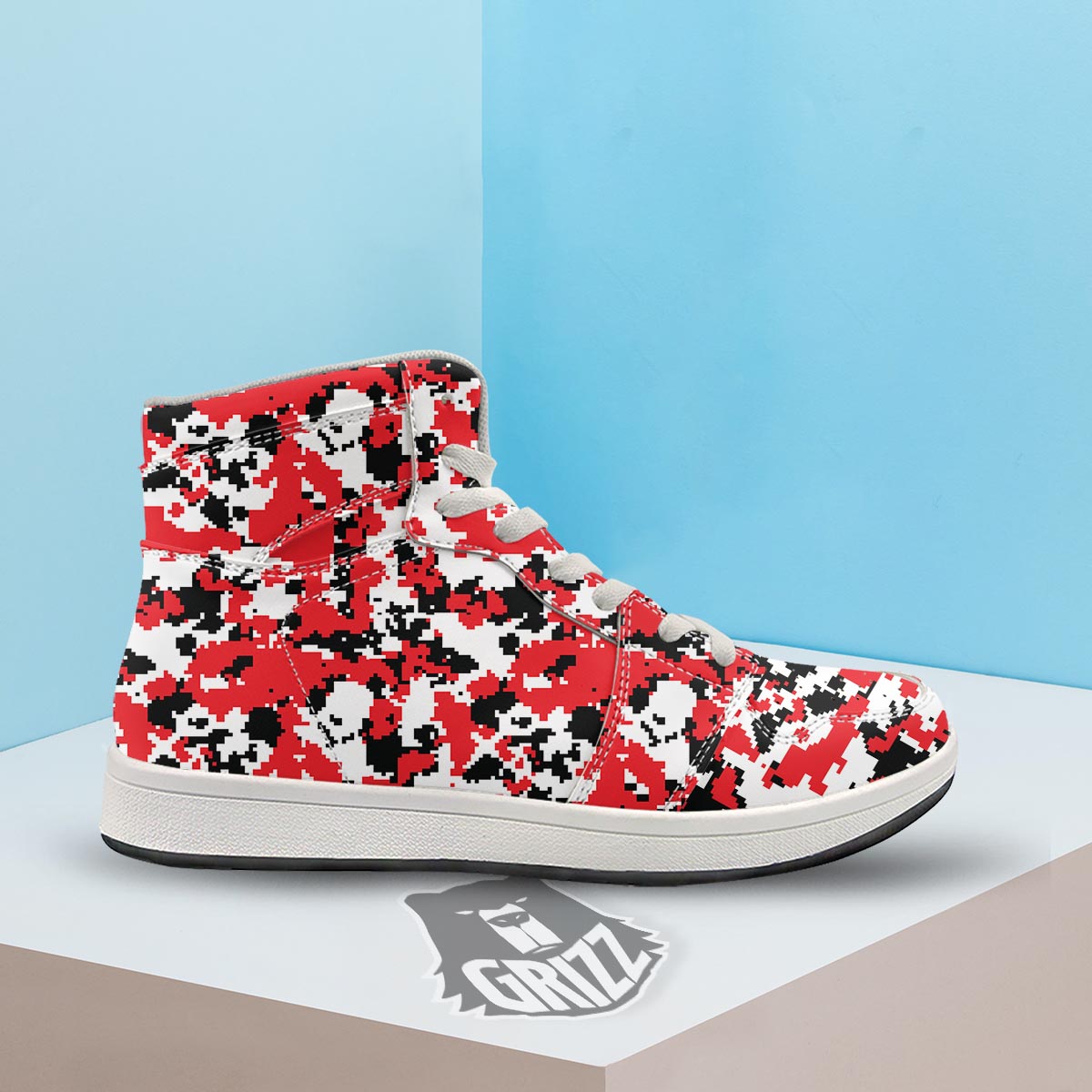 Digital Camo Red White And Black Print Pattern High Top Sneakers-grizzshop