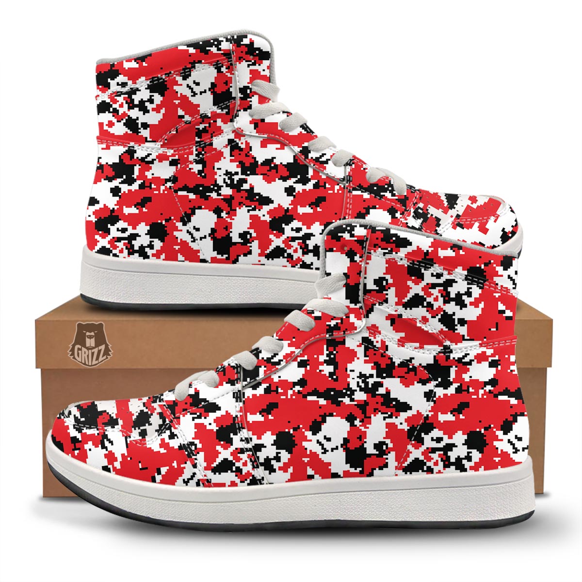 Digital Camo Red White And Black Print Pattern High Top Sneakers-grizzshop