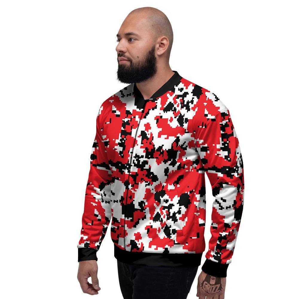 Digital Camo Red White And Black Print Pattern Men's Bomber Jacket-grizzshop