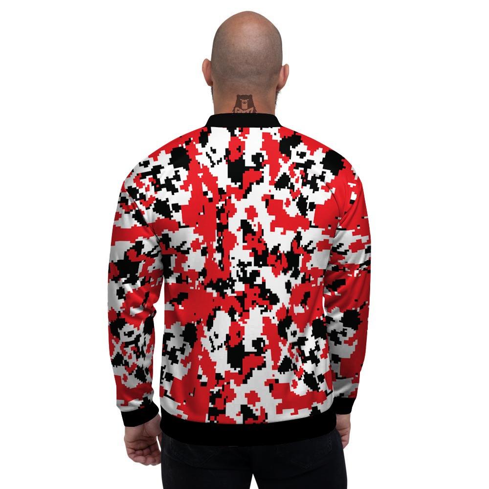 Digital Camo Red White And Black Print Pattern Men's Bomber Jacket-grizzshop