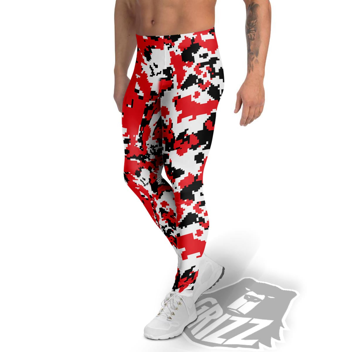 Digital Camo Red White And Black Print Pattern Men's Leggings-grizzshop