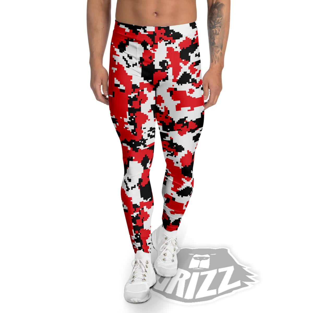 Digital Camo Red White And Black Print Pattern Men's Leggings-grizzshop