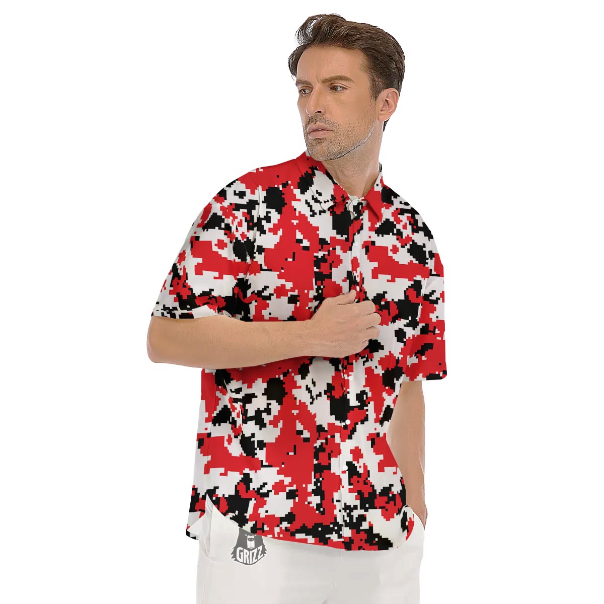 Digital Camo Red White And Black Print Pattern Men's Short Sleeve Shirts-grizzshop