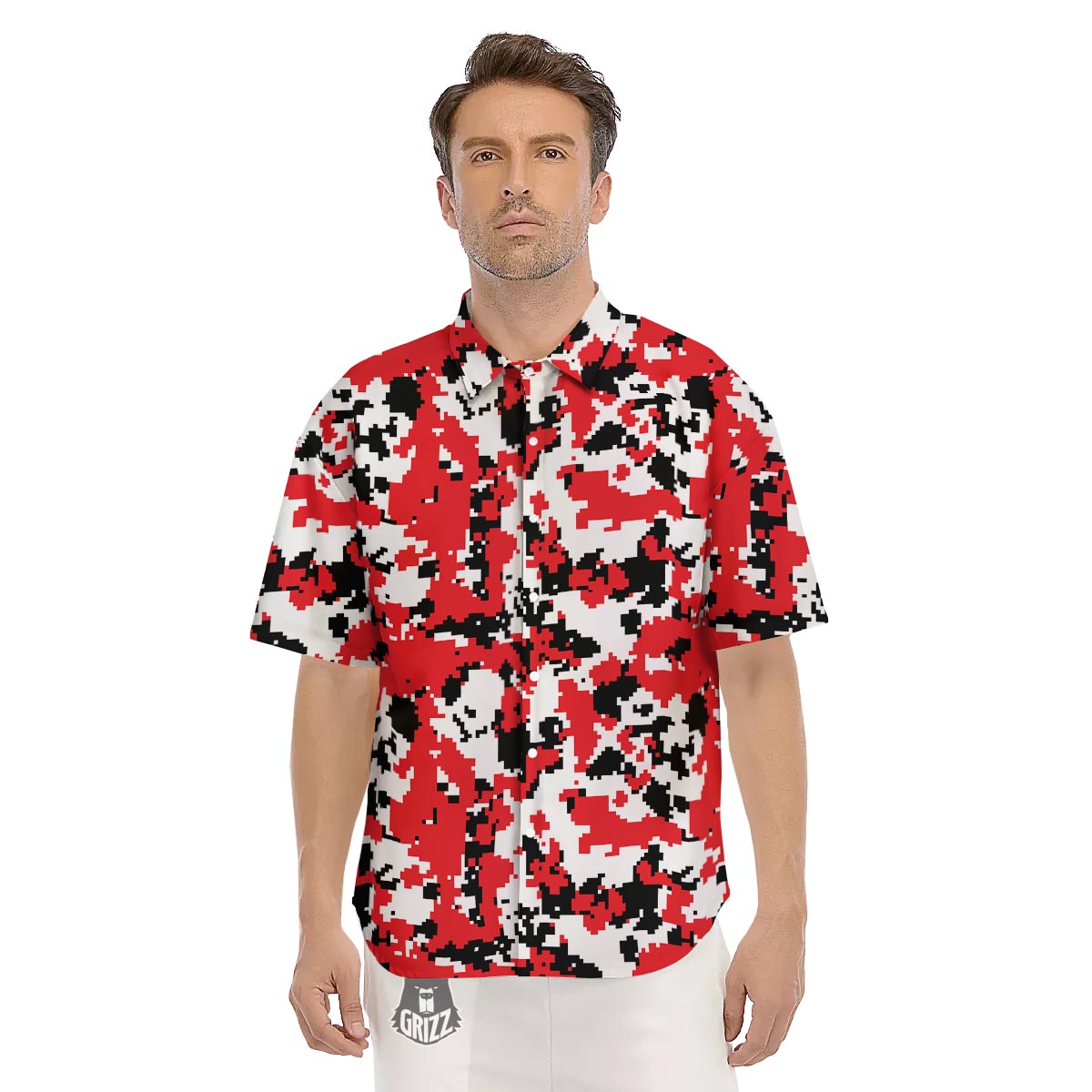 Digital Camo Red White And Black Print Pattern Men's Short Sleeve Shirts-grizzshop