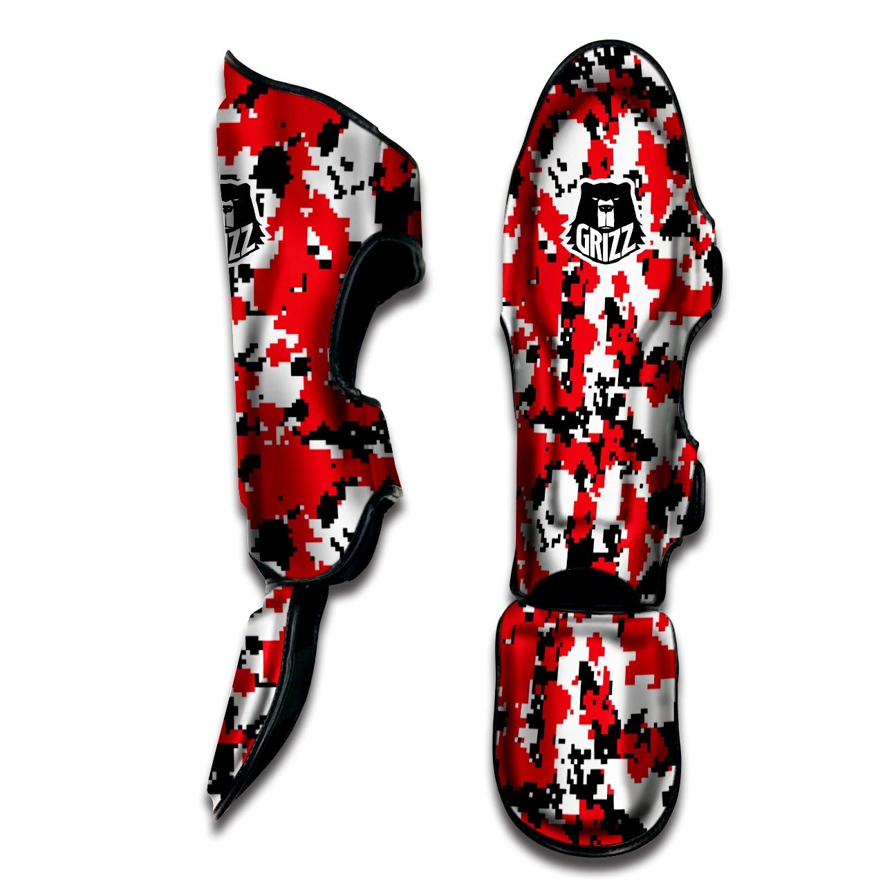 Digital Camo Red White And Black Print Pattern Muay Thai Shin Guards-grizzshop