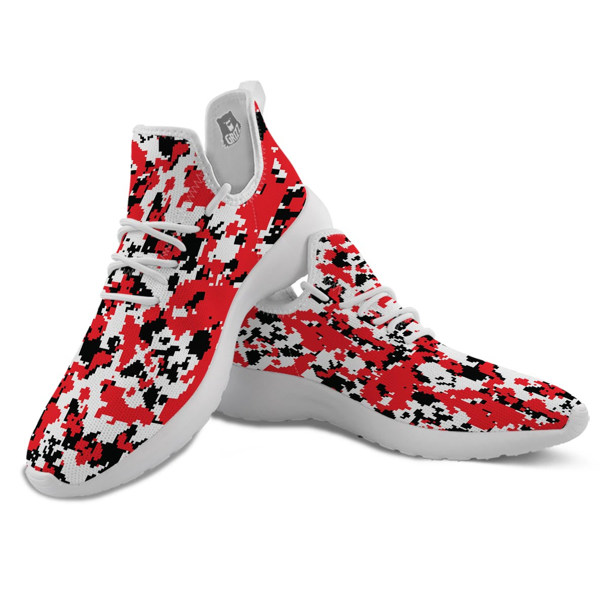 Digital Camo Red White And Black Print Pattern White Athletic Shoes-grizzshop