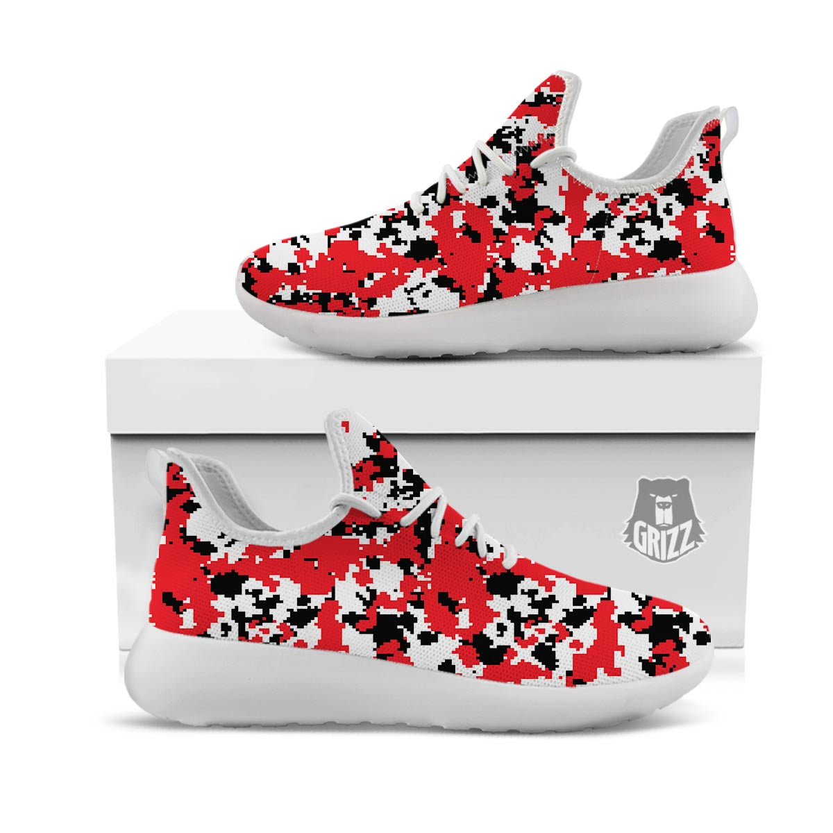 Digital Camo Red White And Black Print Pattern White Athletic Shoes-grizzshop