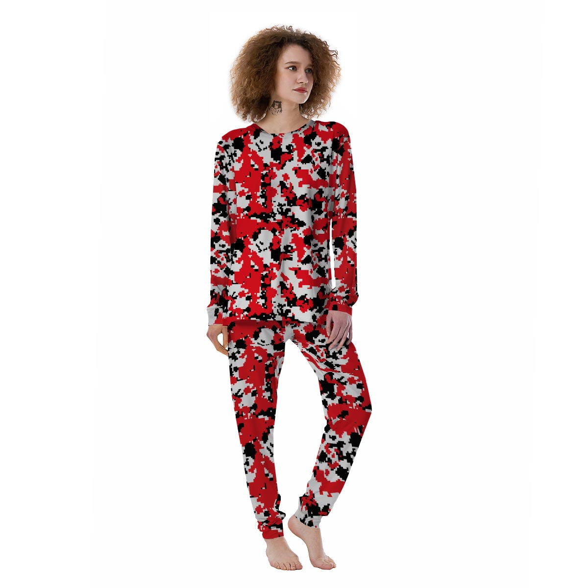 Digital Camo Red White And Black Print Pattern Women's Pajamas-grizzshop