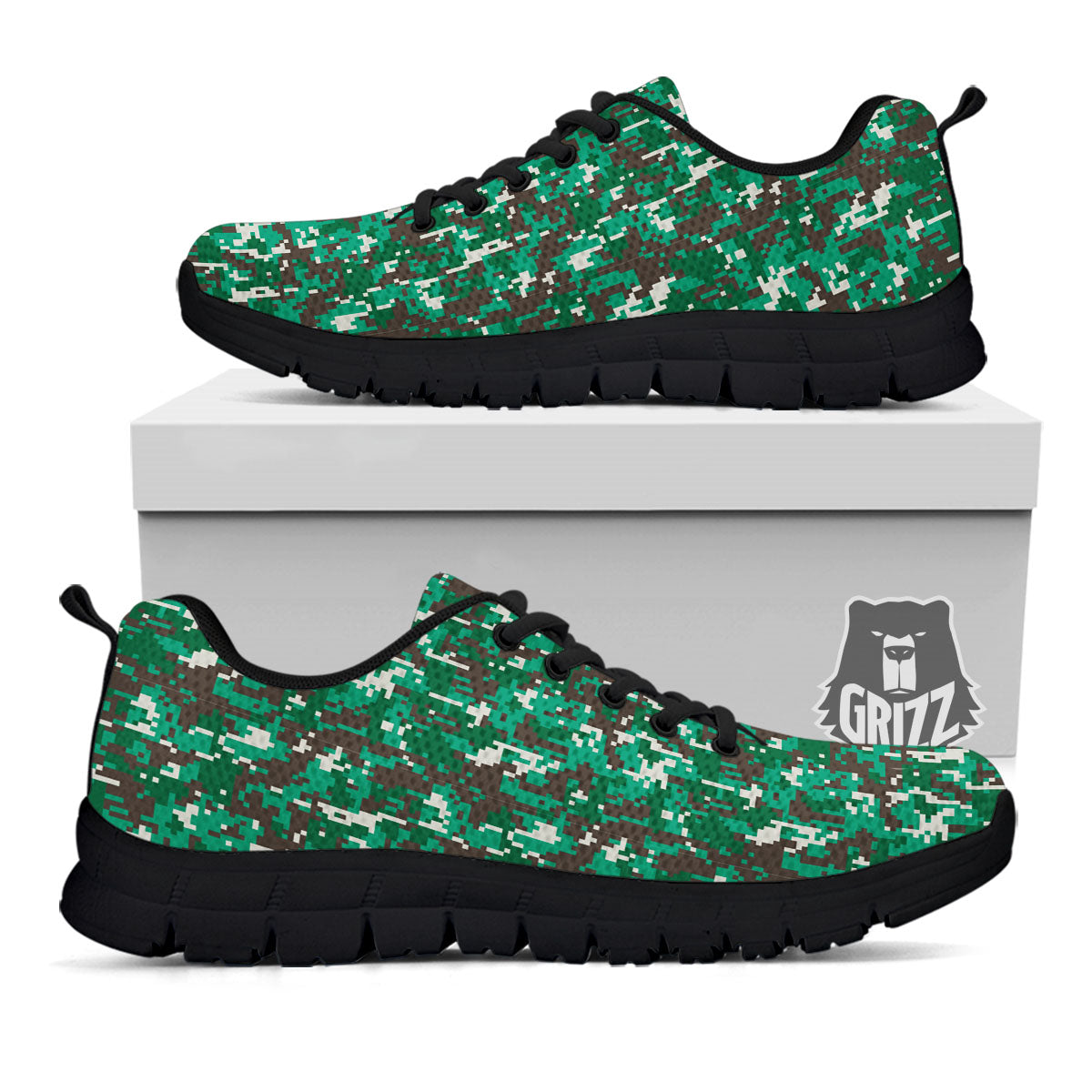 Digital Camo White And Green Print Black Sneaker-grizzshop