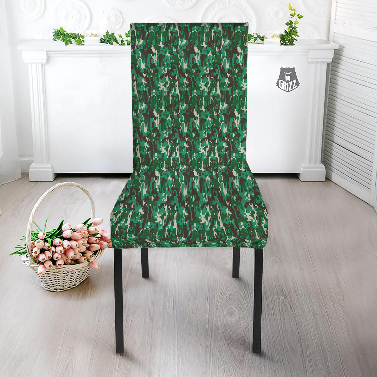 Digital Camo White And Green Print Dining Chair Slipcover-grizzshop