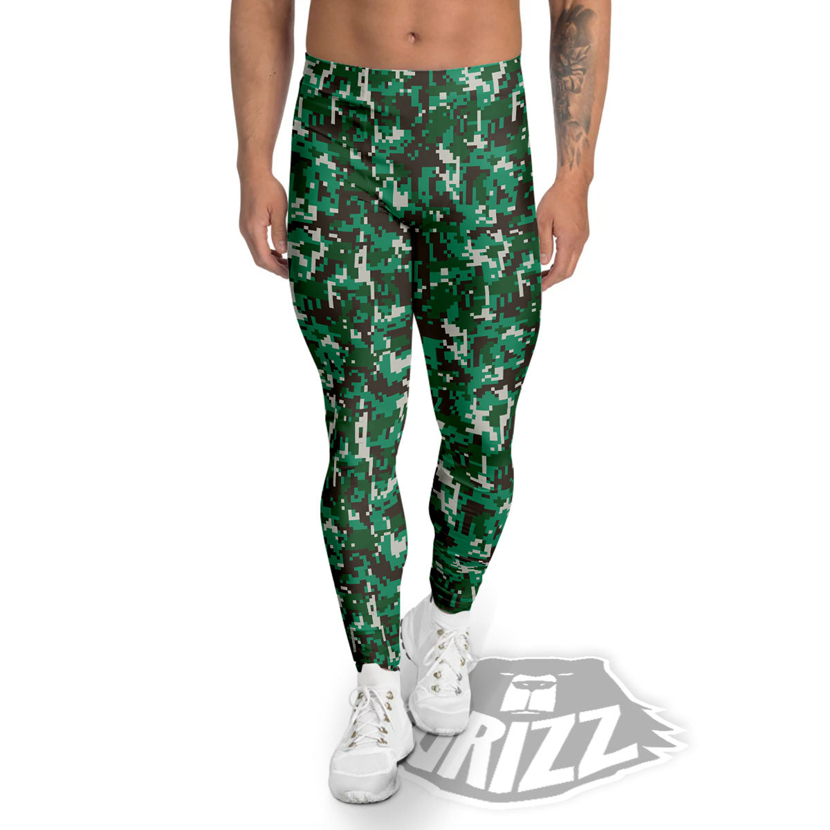Digital Camo White And Green Print Men's Leggings-grizzshop
