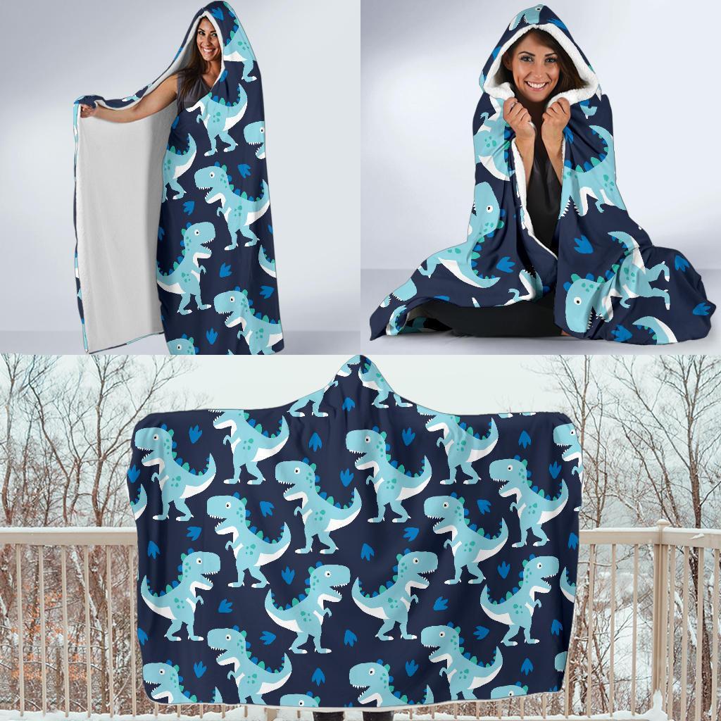 Dino Cartoon Dinosaur Pattern Print Hooded Blanket-grizzshop