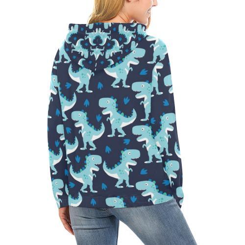 Dino Cartoon Dinosaur Pattern Print Women Pullover Hoodie-grizzshop