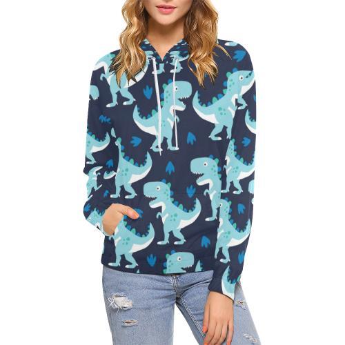 Dino Cartoon Dinosaur Pattern Print Women Pullover Hoodie-grizzshop