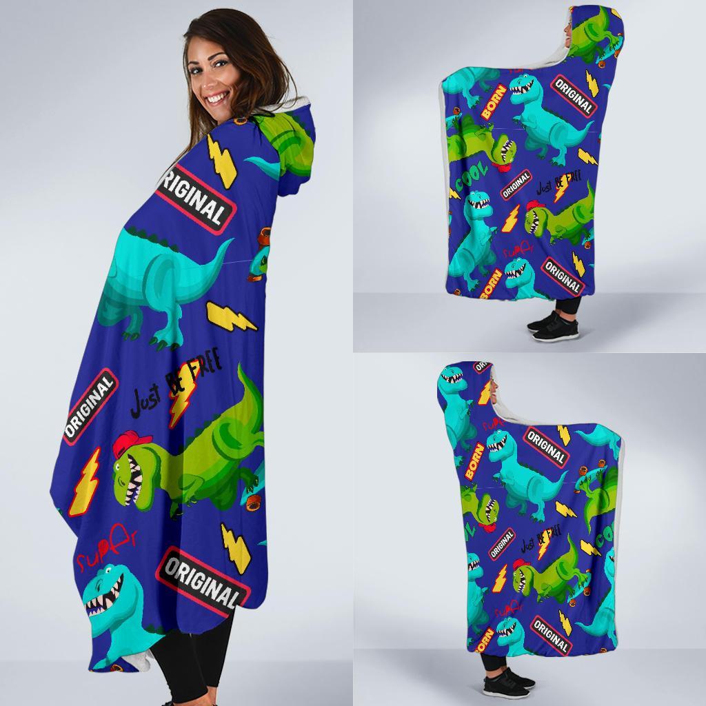 Dino Dinosaur Cartoon Pattern Print Hooded Blanket-grizzshop