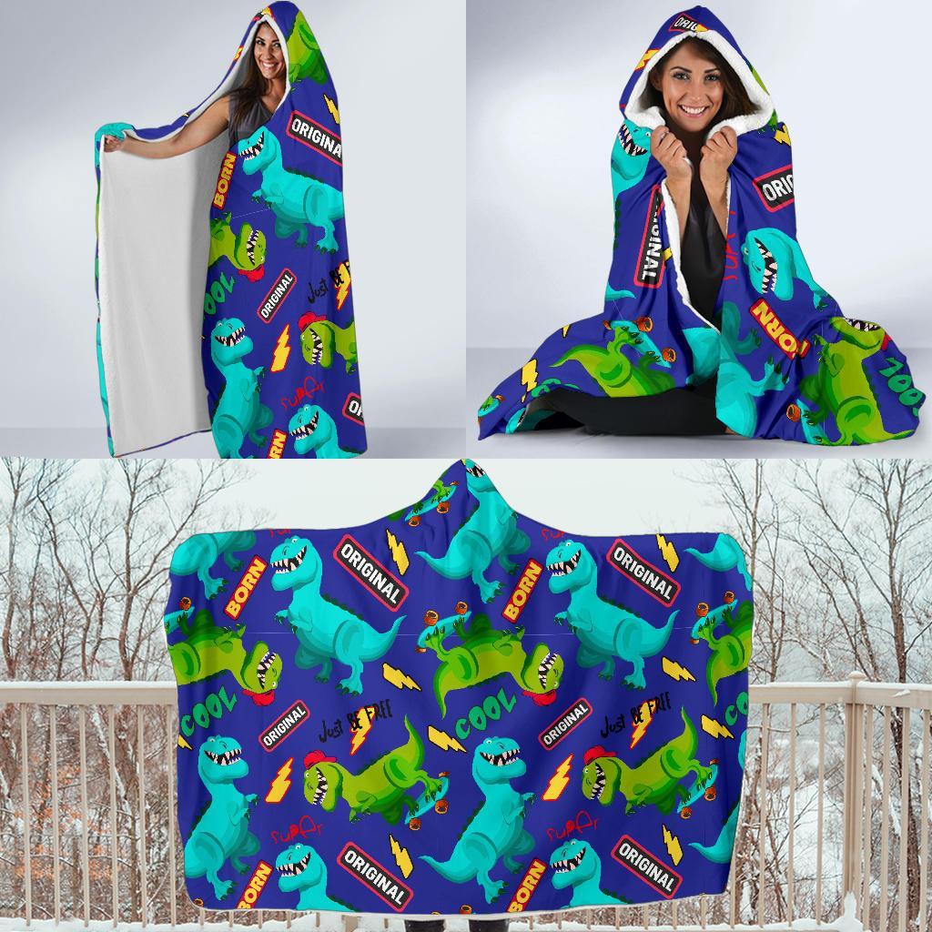 Dino Dinosaur Cartoon Pattern Print Hooded Blanket-grizzshop
