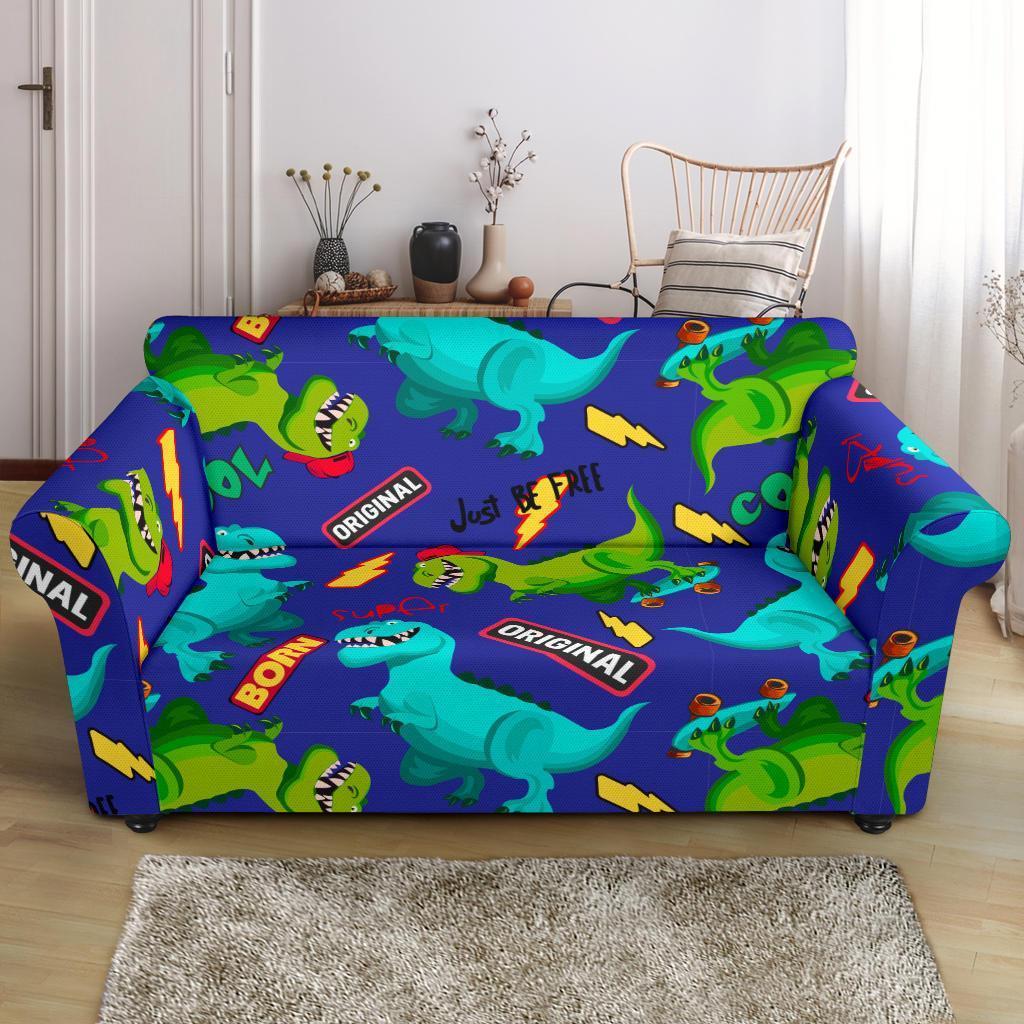 Dino Dinosaur Cartoon Pattern Print Loveseat Cover-grizzshop