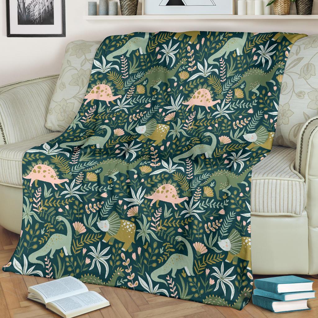 Dino Dinosaur Flower Leaf Pattern Print Blanket-grizzshop