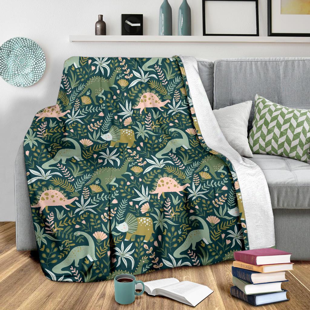 Dino Dinosaur Flower Leaf Pattern Print Blanket-grizzshop